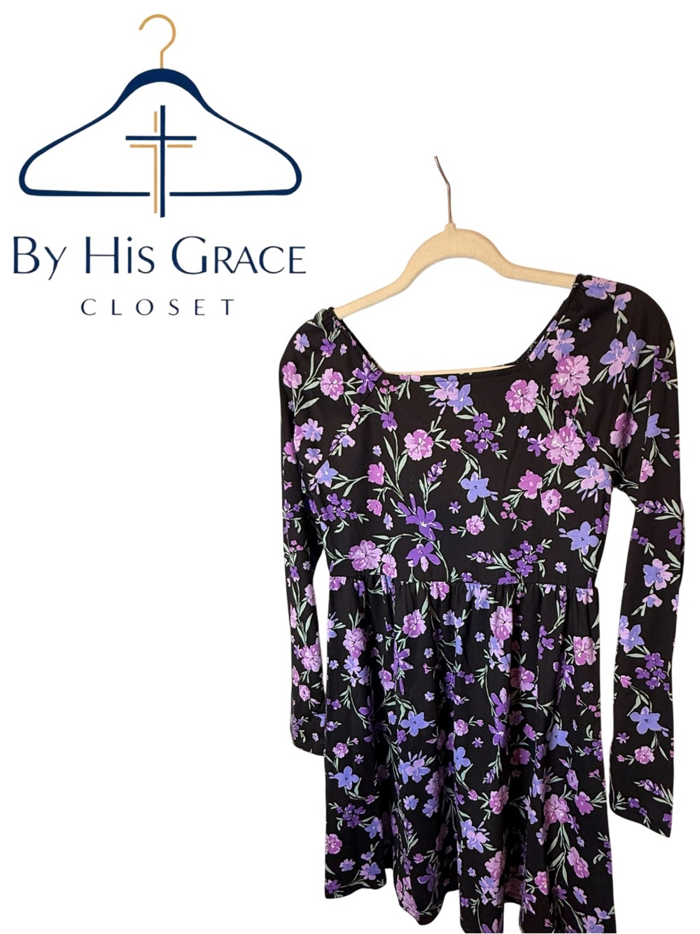 Children ' s Place Black Floral Long-Sleeve Girls' Dress w/ Purple Flowers